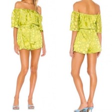 NWT Lovers Friends Citron Green Regina Polka Dot Romper Satin Off Shoulder Sm