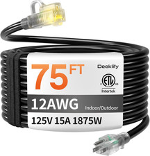 12AWG 75 FT Heavy Duty Outdoor Extension Cord Waterproof with Lighted End,Black