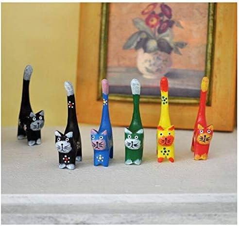 Set of 6 Long Tail Kitty Cat Figurine Decorative Carved Wooden Fgiures... - Picture 7 of 7
