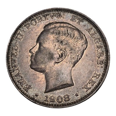 1908 Portugal 500 Reis Toned World Silver Coin Emanuel .3685asw