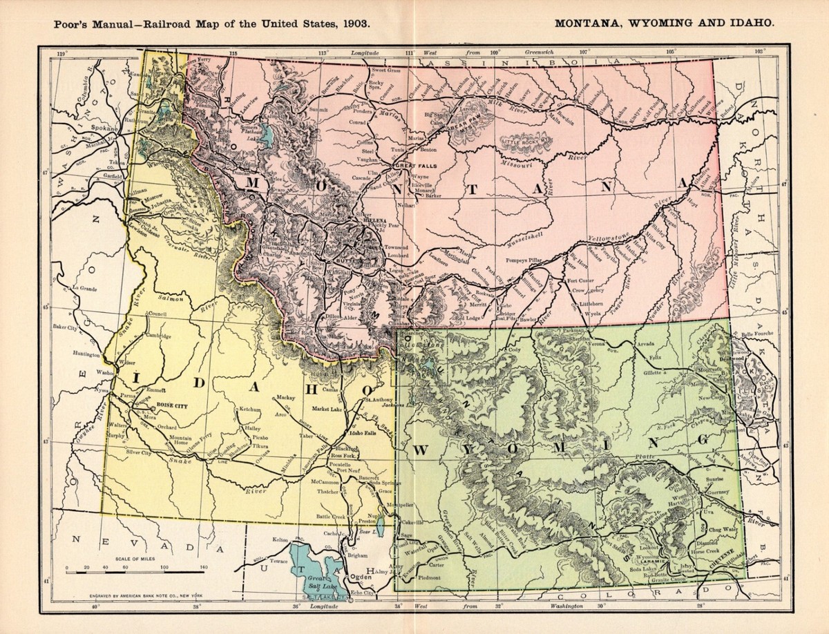 のりひ〜　　　　　　　　　　　　　　　　　【Ｖｉｎｔａｇｅ】ＭＯＮＴＡＮＡ 1903 Antique Montana Wyoming and Idaho Railroad Map Railway