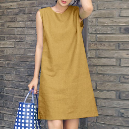 Womens Cotton Linen Sleeveless Mini Shift Dress Summer Beach Solid Sundress PLUS - Picture 4 of 17