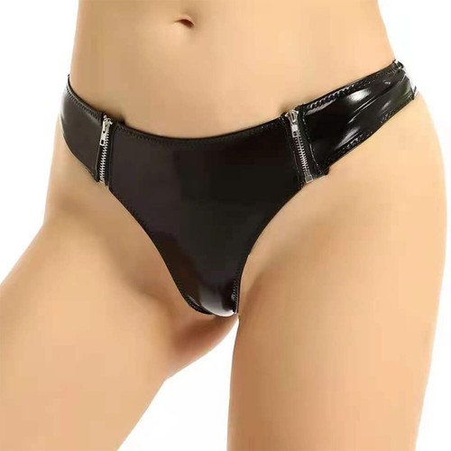 Womens PVC Zip Thongs G-String Wet Look Bikini Briefs Panties Underwear - Picture 7 of 11