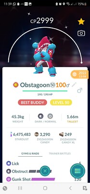 Pokémon Shiny Obstagoon Maxed Out To Level 40 Two Charged Moves) GO 