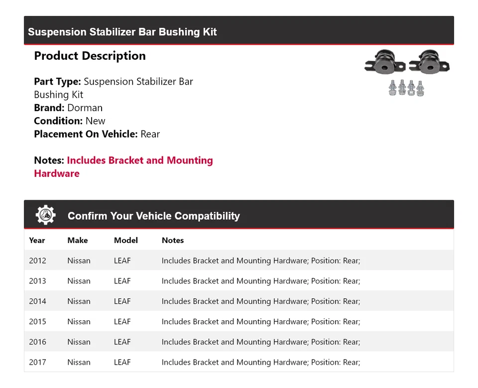 Kit de buje de barra estabilizadora de suspensión trasera 2013 para Nissan LEAF Dorman 2012-2017 Foto 2 de 4