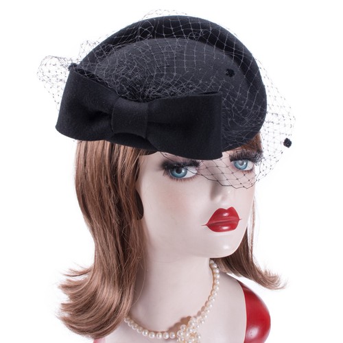 Retro Womens Dress Fascinator Wool Felt Pillbox Hat Party Wedding Bow Veil A082 - Picture 29 of 65