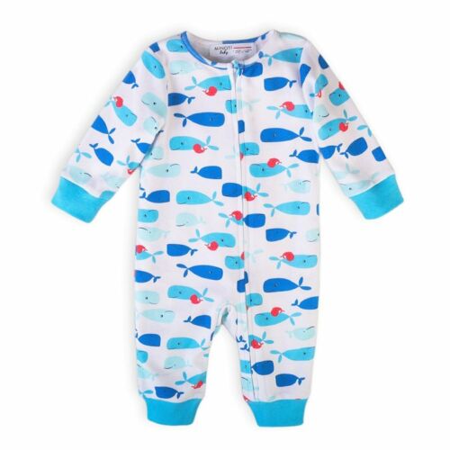 Minoti Baby Jungen blau & weiß Baumwolle Wal Strampler Reißverschluss 0-3, 3-6, 6-9, 9-12 Monate - Bild 1 von 1