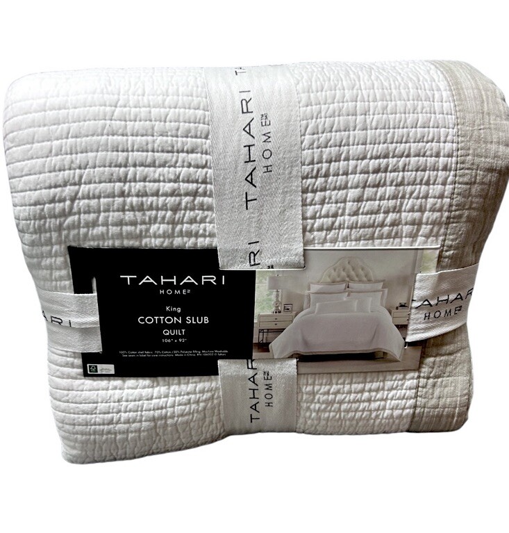 Tahari White Cotton Slub King Quilt with Tan Trim 106”x92” New eBay