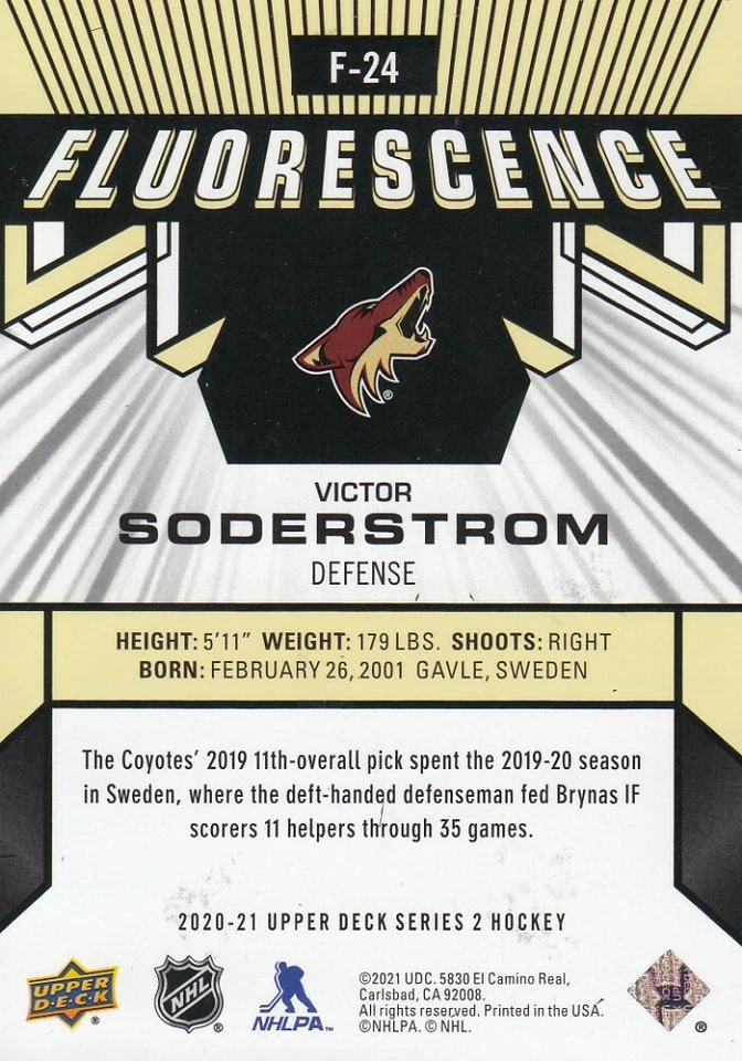 2020-21 Victor Soderstrom Upper Deck Series 2 Gold Fluorescence RC 49/150 #F-24 - Image 2 of 2