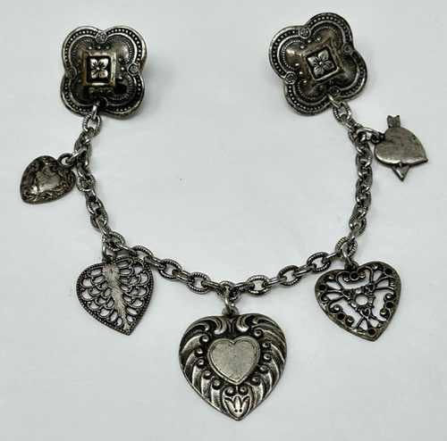 Vintage Silvertone Heart Charm Chatelaine Sweater Brooch Pin