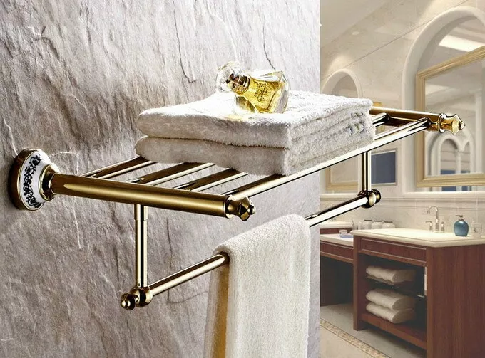 Golden Brass Wall Mounted Bathroom Accessories Towel Bar Holder Shelf 2ba256