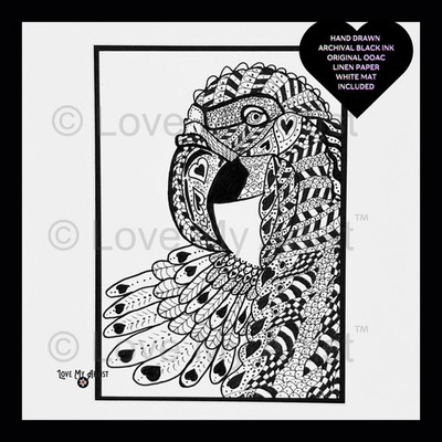 Original Doodle Parrot Hand-Drawn in Archival Black Ink Matted