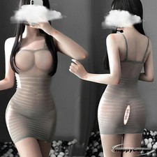 Women Sexy Lingerie Sheer Striped Mesh Bodycon Dress See Through Mini Nightdress