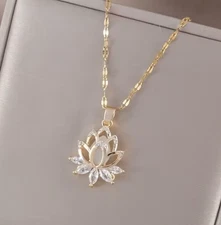 Sparkling Lotus Pendant Necklace Crystal Flower Charm Dainty Fashion Jewelry