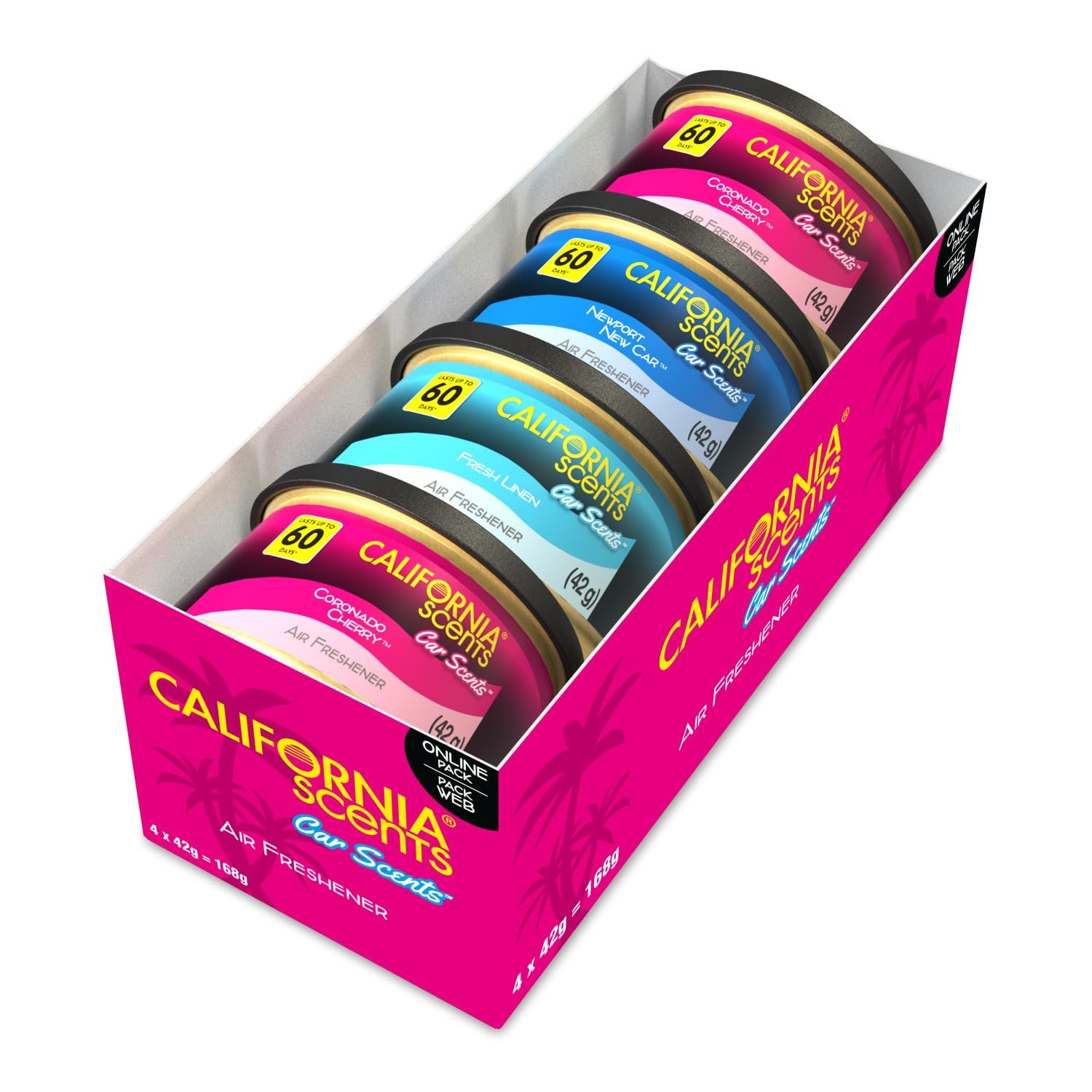 California Scents Car Air Fresheners Can, Pack of 4, Assorted Scents | (Fresh Linen, Coronado Cherry, Newport New Car), Strong Adjustable Long-Lasting Fragrance, Eliminates Odour - Image 2