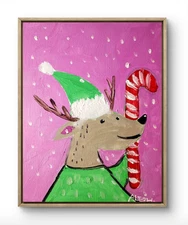 Original Art Reindeer 14x11 Colorful Modern Art Christmas Painting on Canvas