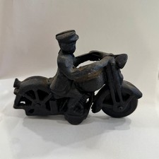 Vintage Cast Iron Motorcycle Toy Police Officer Rider Black Metal Figurine