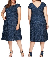 Alex Evenings Mother of the Bride/Groom Tea Length Dress 3D Rosettes Sz.14W NWT