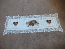 Beautiful Collectible Heritage Lace Doily White Painted Flowers 40x14" NICE