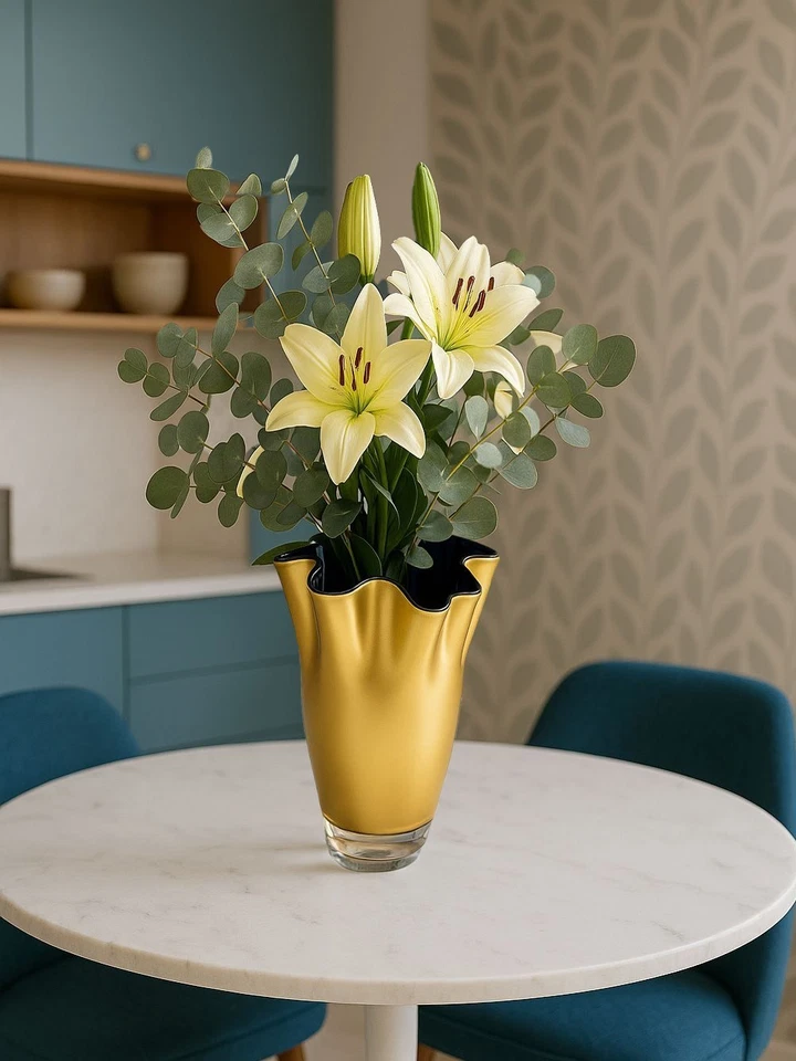 Vase Glas gewellt gold blau Glasvase Blumenvase mundgeblasen Signature Tischvase - Bild 2 von 4