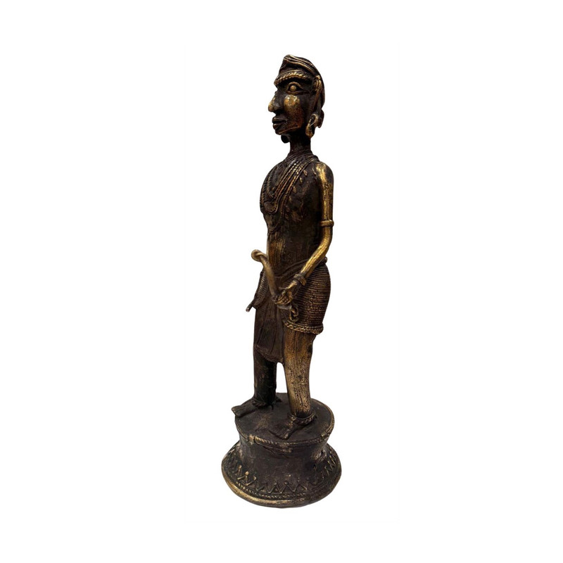 Bronze Tone Metal Standing Man Figurine Statue, People Theme, Round Base