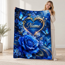 Personalized Blue Rose Butterfly Heart Coral Fleece Blanket
