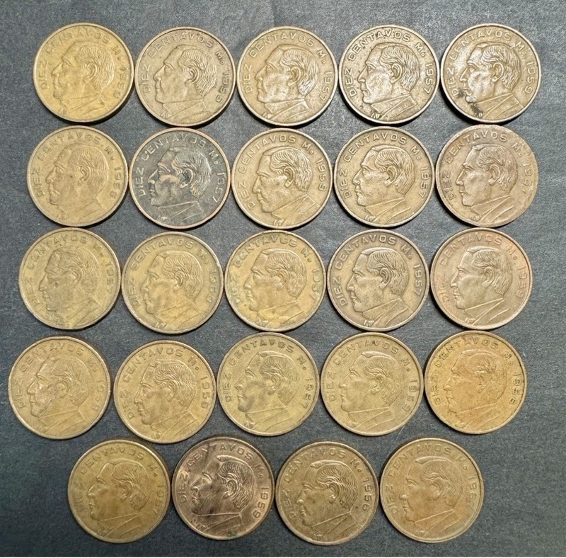 MEXICO lot H DIEZ CENTAVOS vintage 10 world Mexican 24 COINS