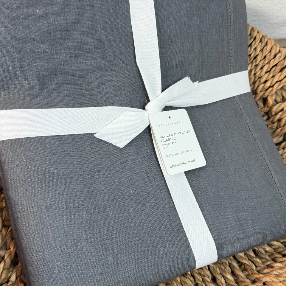 POTTERY BARN BELGIAN FLAX LINEN TABLECLOTH, 70" X 144" ~ CHARCOAL GRAY - Image 2 of 4