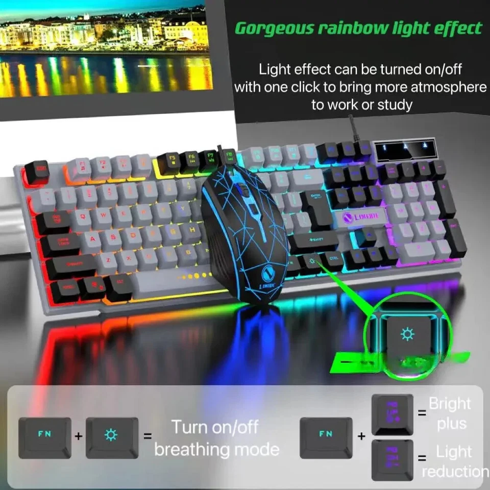 Wired Gaming Keyboard and Mouse Set Rainbow LED 104 Key USB illuminated light up - Image 2 of 4