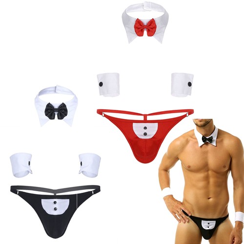 UK Mens Waiter Tuxedo G-string Thong Underwear with Bow Tie Bracelets Lingerie - Picture 2 of 31