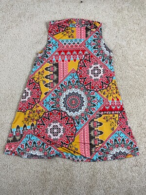 R Rouge Midi A-Line Dress Womens Large USA Stretch Crewneck Floral Multicolor