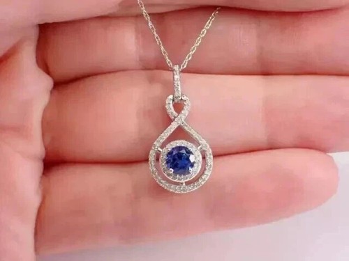 Lab Created Blue Sapphire 2Ct Round Cut Halo Pendant 14k White Gold Plated - Picture 8 of 8