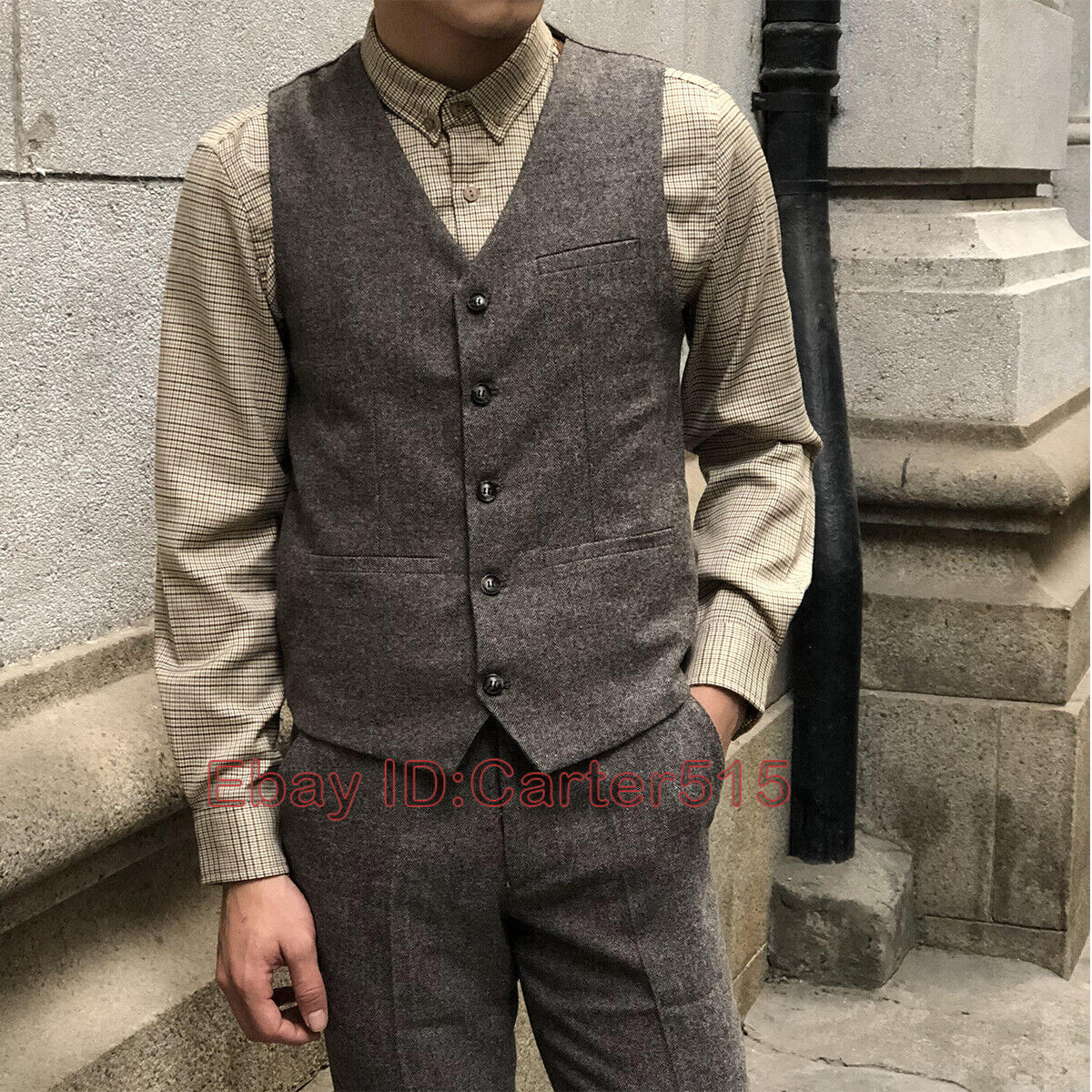Men British Herringbone Tweed Casual Wool Blend Suits Vest Waistcoat S-4XL Retro