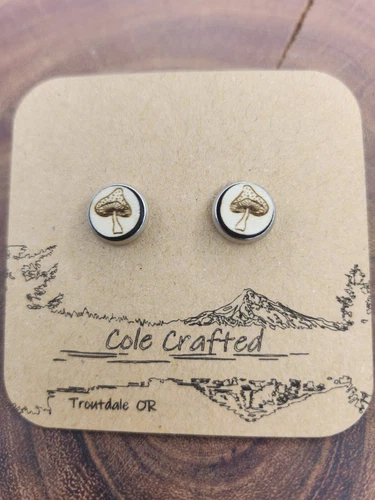 Magic Mushroom Earrings Wood Handmade 8mm Bezel Set Boho Jewelry Gift