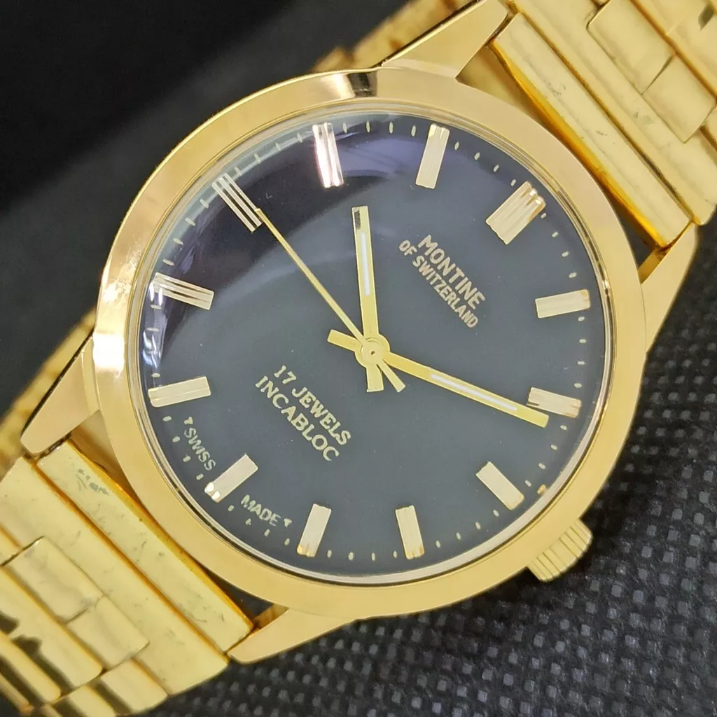 VINTAGE MONTINE OF SWITZERLAND 17J INCABLOC MENS GOLD PLATED WATCH