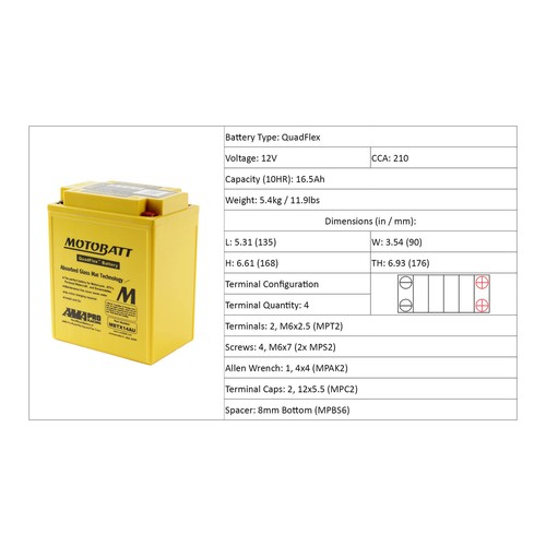 Motobatt AGM Battery for Yamaha YFU1 250 PRO HAULER 1989-1994 - Picture 3 of 4