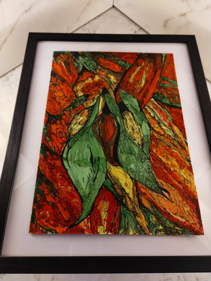 Pintura moderna acrílica firmada original enmarcada papel pesado audaz floral rojo verde Foto 2 de 4