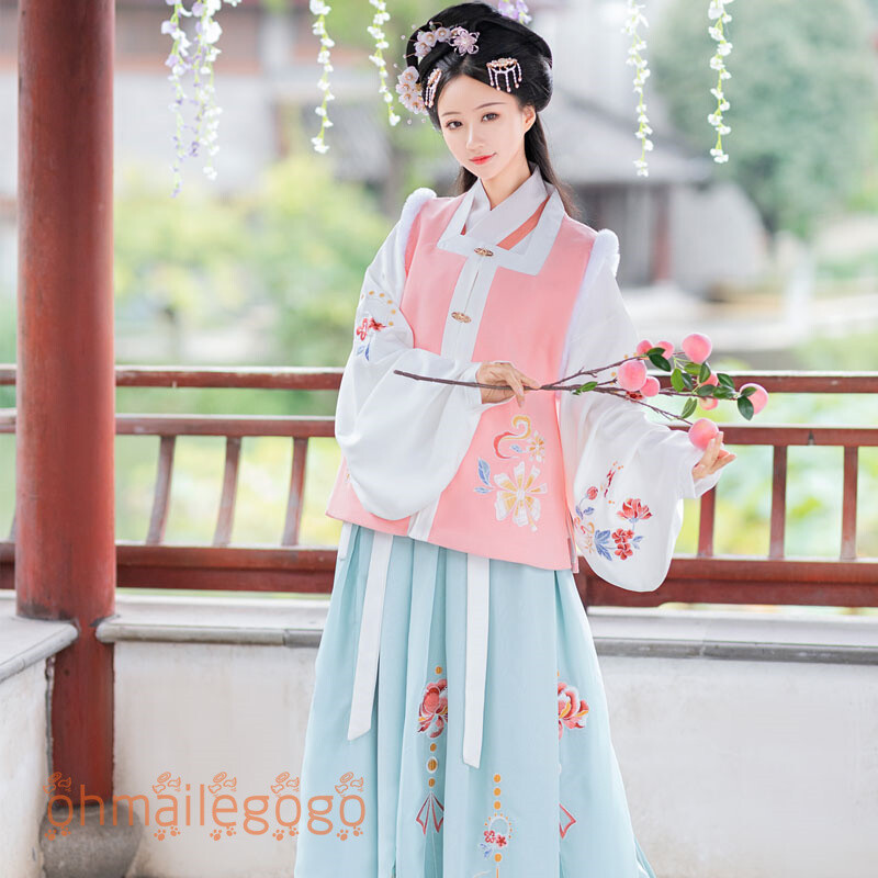 NiHuaYiXian Hanfu Women's Dress Warm Fur Tops Vest Skirt Winter Ancient Costume