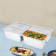 4Pcs 6" Stainless Steel Deep Steam Table Pans with Lids 1/3 Size Hotel Food Prep