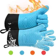 2X Silicone Oven Mitts Extra-long Heat Resistant Kitchen Gloves for Grilling BBQ