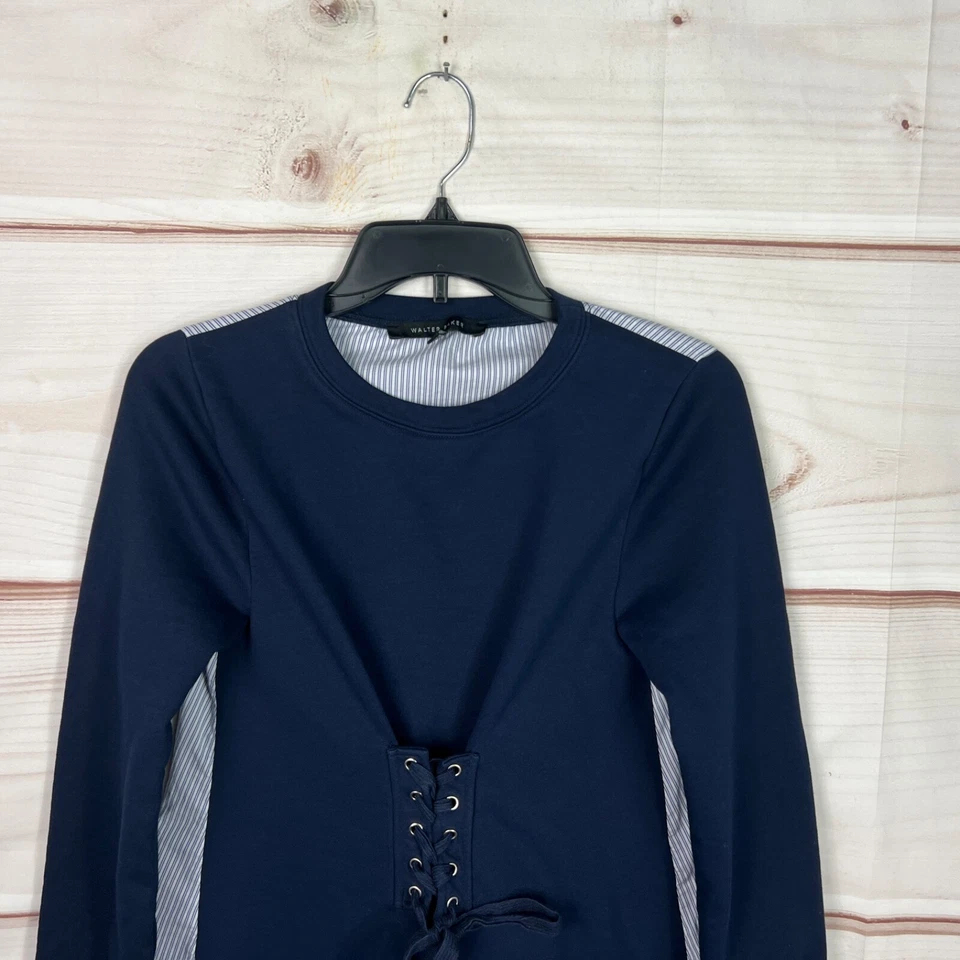 Vestido Walter Baker para mujer XS azul camisa manga larga cuello redondo cordones a rayas lisas Foto 2 de 4