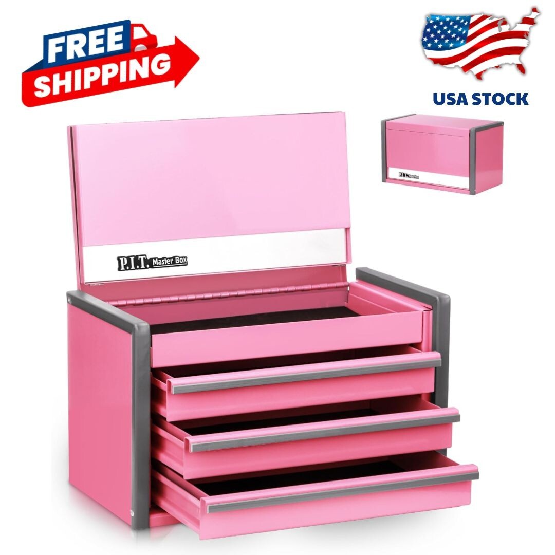 Mini Pink Tool Box, Portable 3 Drawer Steel Tool Box with Magnetic Tab Locking