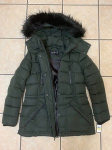 guess puffer coat with faux fur hood