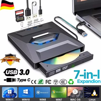 Tragbares CD DVD Laufwerk USB 3.0 Brenner mit 4 Port Hub SD TF Reader Schwarz
