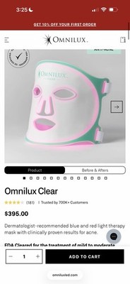 Omnilux Clear Adjustable LED Light Therapy Mask for Acne Face, White/Green
