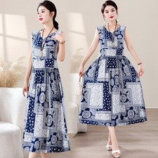 Women Boho Midi Sundress Floral Print V Neck Sleeveless A Line Summer Dress