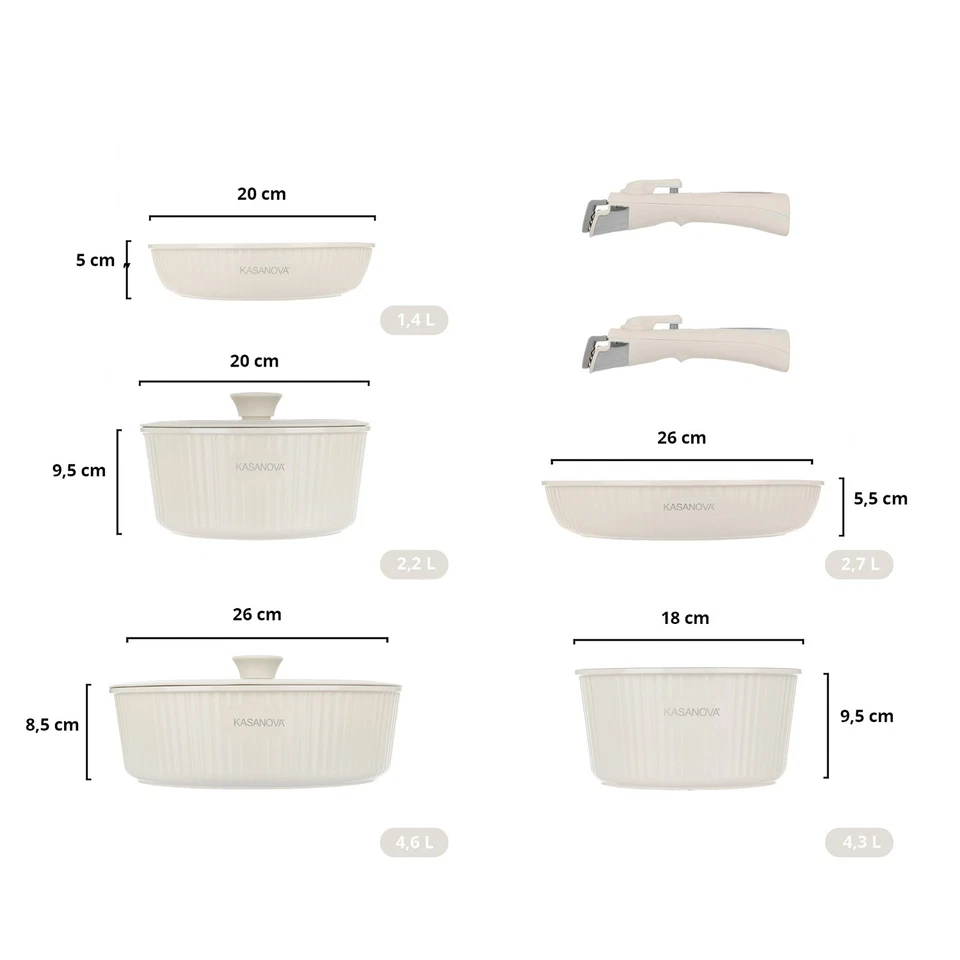 KASANOVA Batteria pentole antiaderenti per induzione 9 pezzi Eaziclip beige - Imagen 2 de 4