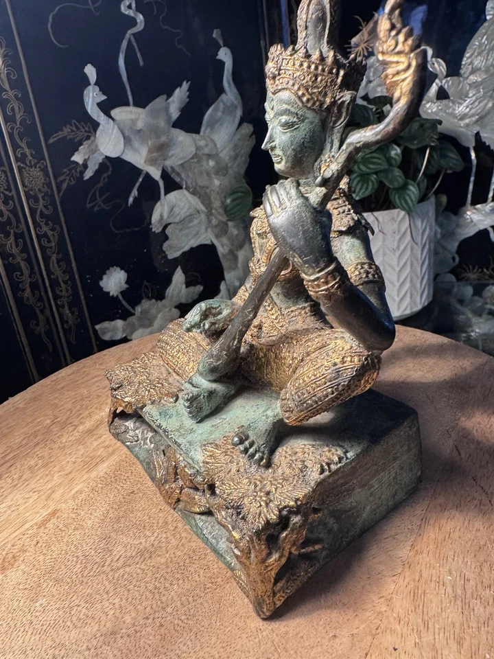 Vintage Gilt Bronze Thai Prince Deity Figure Playing a Lute Circa 1950's - Image 2 of 4