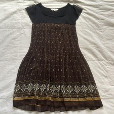 Black Brown Floral Paisley Border Print Pleated Empire Waist Dress Japan