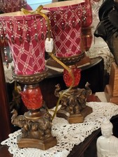 Pair Of Vintage Elephant-Base Table Lamp With A Red Beaded Shade